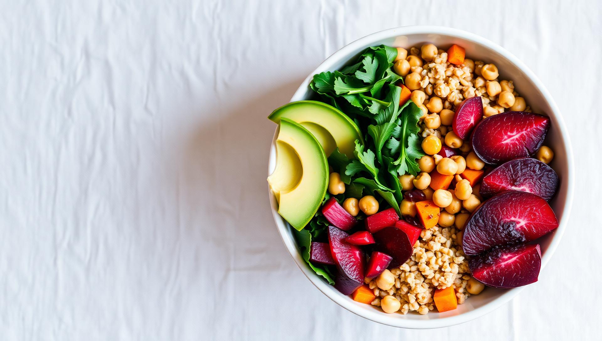 Plant-based bowl with quinoa, chickpeas, avocado, beets and greens