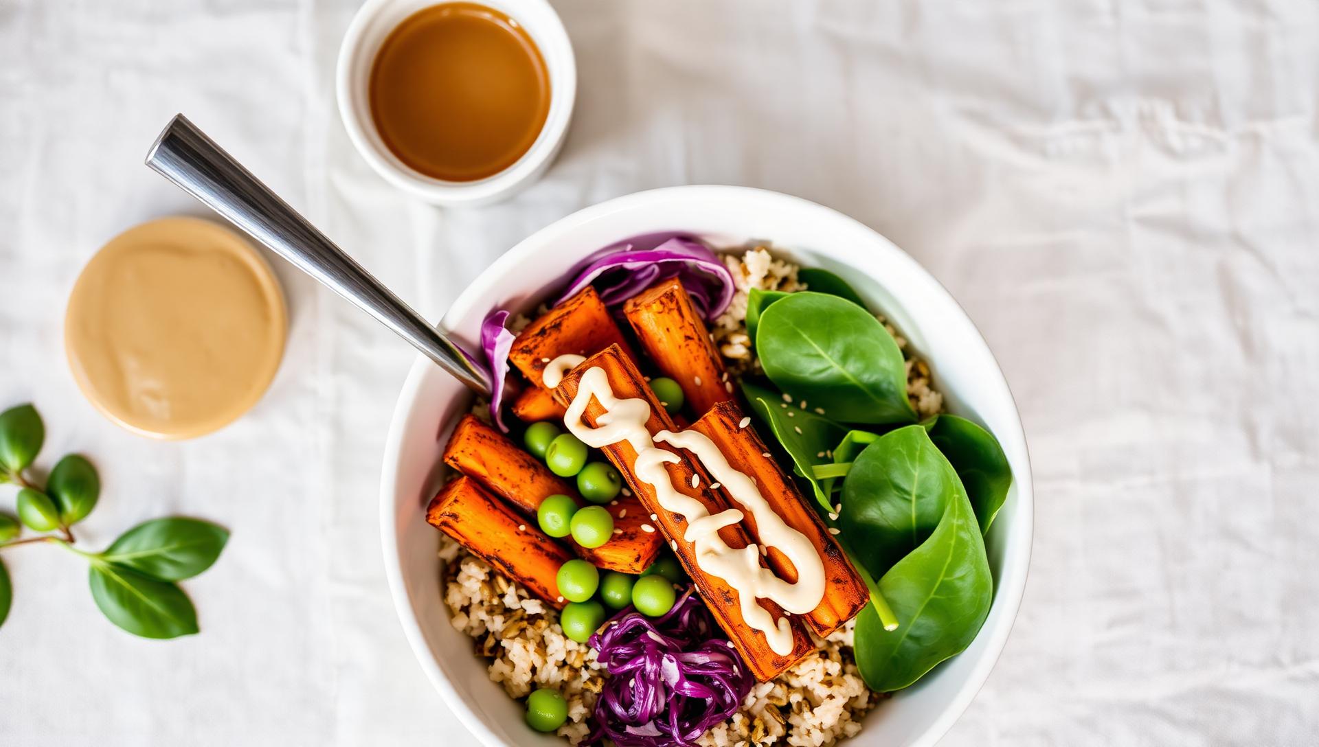 Vegan buddha bowl with brown rice, tempeh, roasted carrots, edamame and tahini
