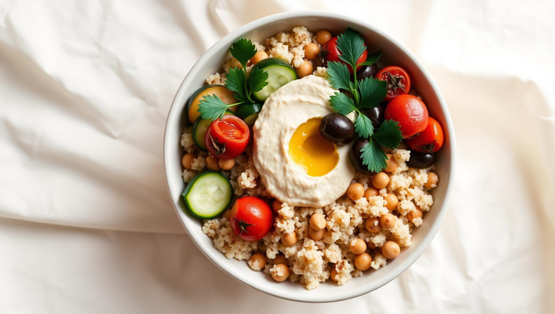 Mediterranean vegan bowl with couscous, tomatoes, hummus, olives and parsley
