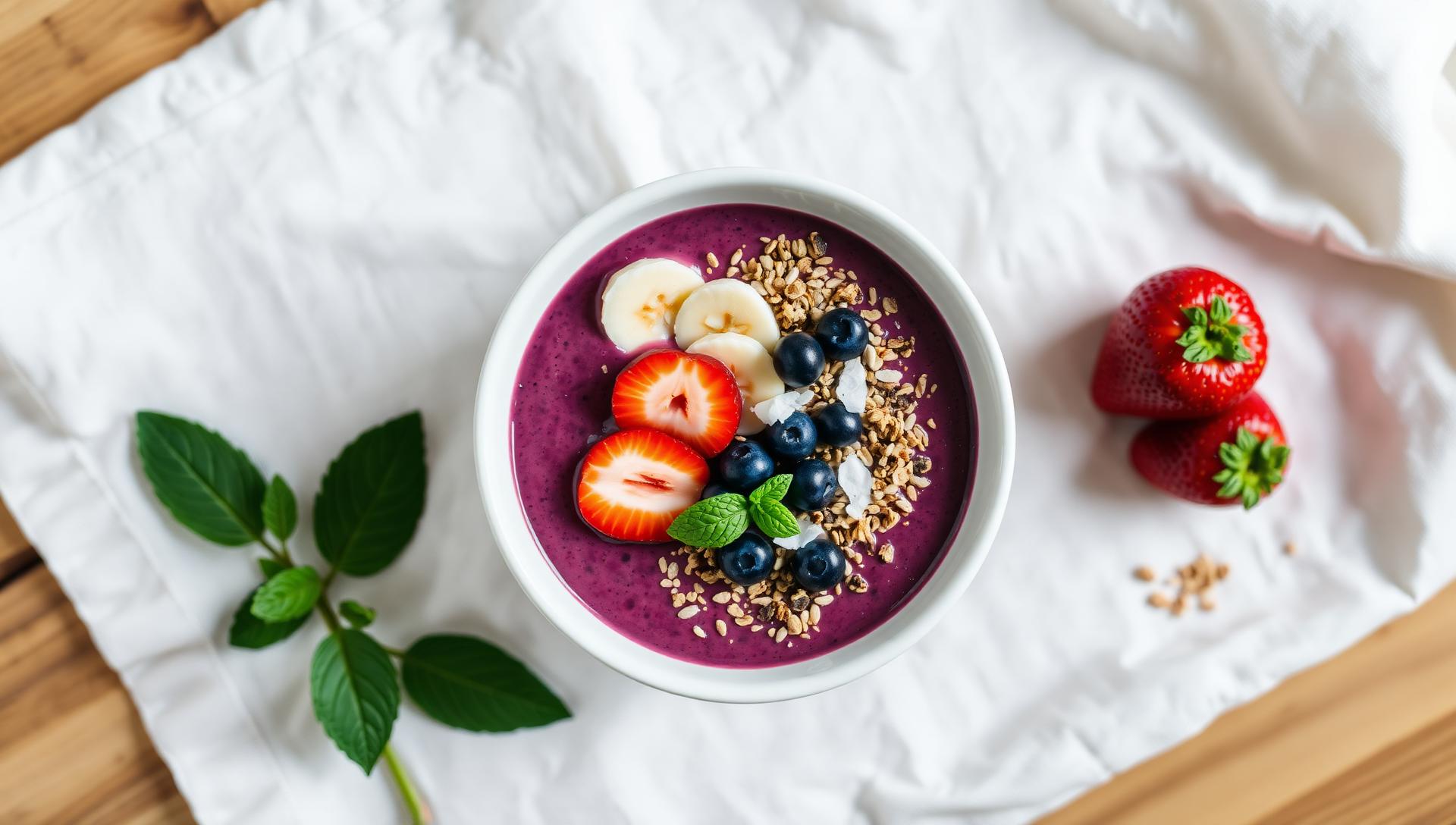 Acai smoothie bowl topped with banana, berries, granola and coconut
