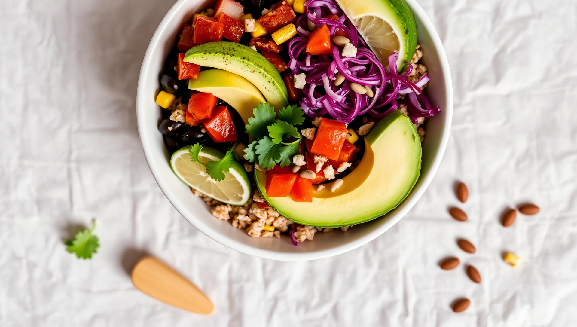 Vegan protein bowl with black beans, corn, avocado, rice and lime